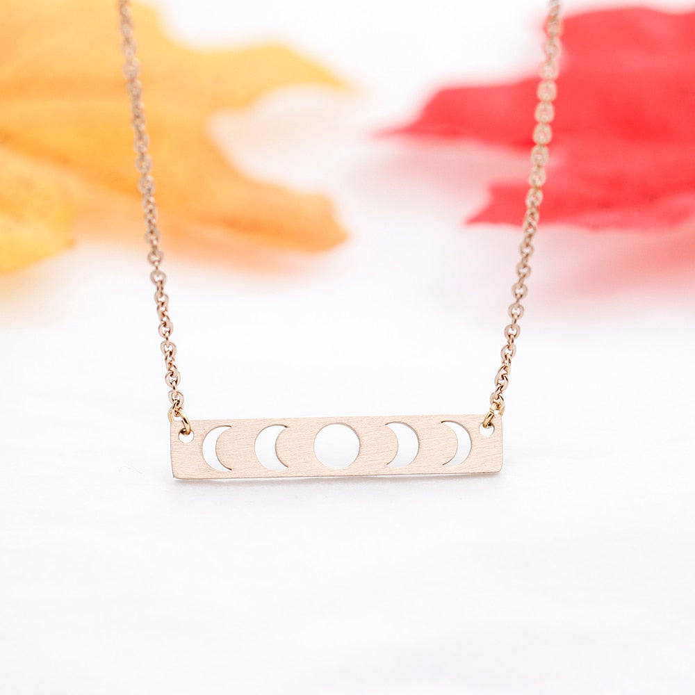 Hollow Moon Phase Pendant Necklace Gold Silver Stainless Steel Chain Long Bar Collier Femme Lunar Talisman Witchcraft Jewelry