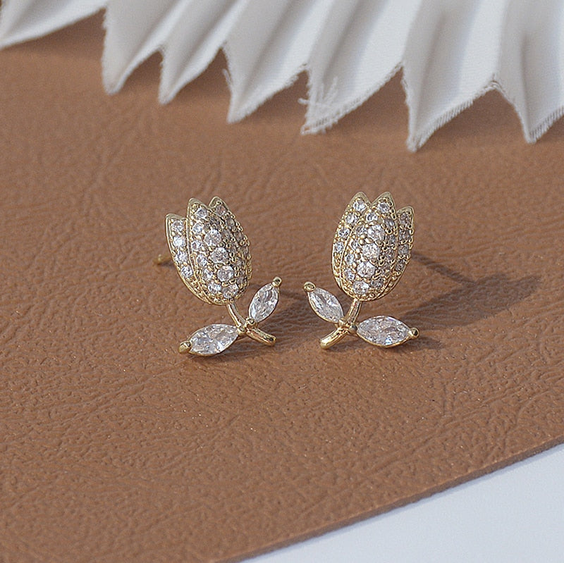 14K Gold Zircon Tulips Earrings