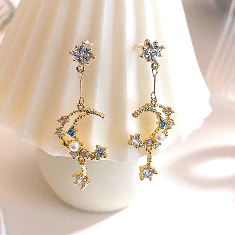 14K Real Gold Pearl Crystal Moon Earrings