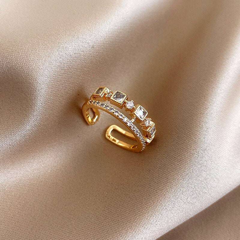 New Charming 14K Real Gold Square Zircon Opening Rings for Women Adjustable Design Beautiful Jewelry Shiny AAA Zircon Party Gift