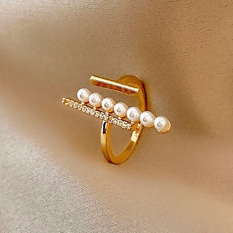 2021 New Charming 14K Real Gold Minimalist Style Pearl Rings for Women Adjustable Design Beautiful Jewelry Shiny AAA Zircon Gift