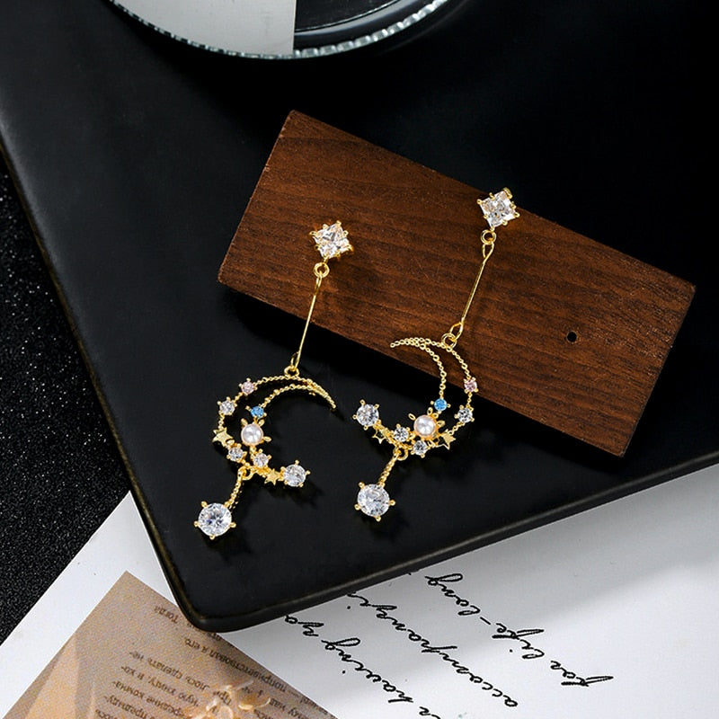 14K Real Gold Pearl Crystal Moon Earrings