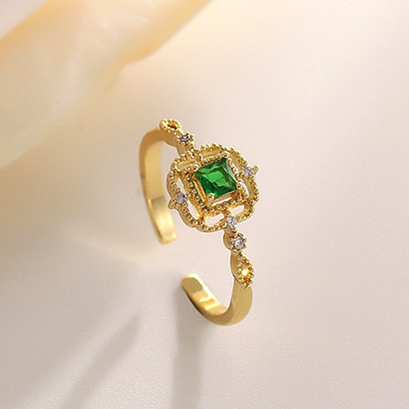 Trendy Fine 14k Real Gold Emerald Opening Rings for Women Adjustable Design High Quality Jewelry Anniversary Weddings Party Gift